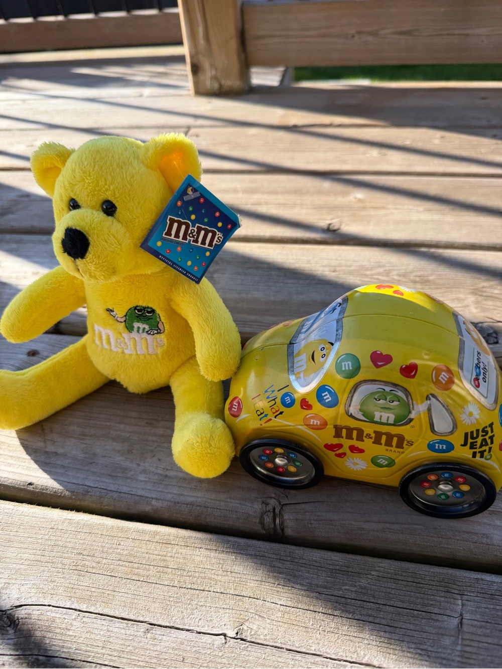 M&M's Collectible Yellow Car Tin & Galerie Teddy Bear Plush w Tag Vintage Lot